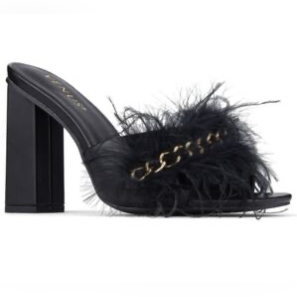 NEW SEXY VENUS Black Feathers and Chains Mules Sz10